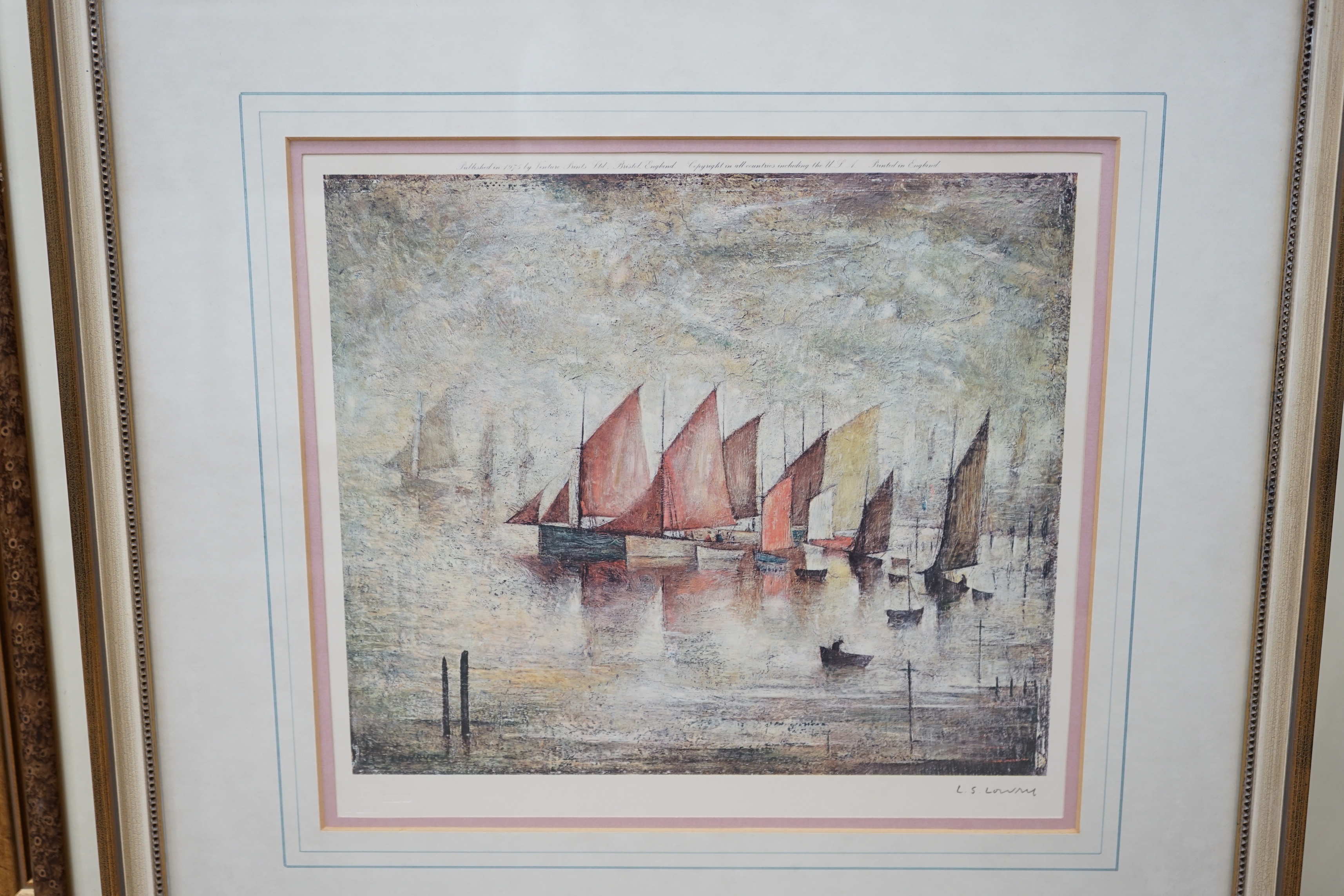 Laurence Stephen Lowry (1887-1976), pencil signed colour lithograph, ‘Sailing boats’ with embossed blind stamp, published 1975 by Venture Prints Ltd. Bristol, 32 x 36cm